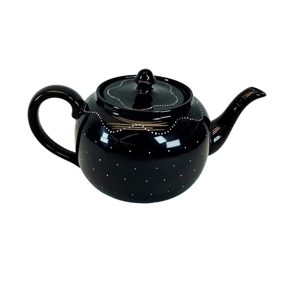 French Rustic Alsace Soufflenheim 8.5 Tea Pot & Warmer Black Polka Dot Pottery - Picture 2 of 6